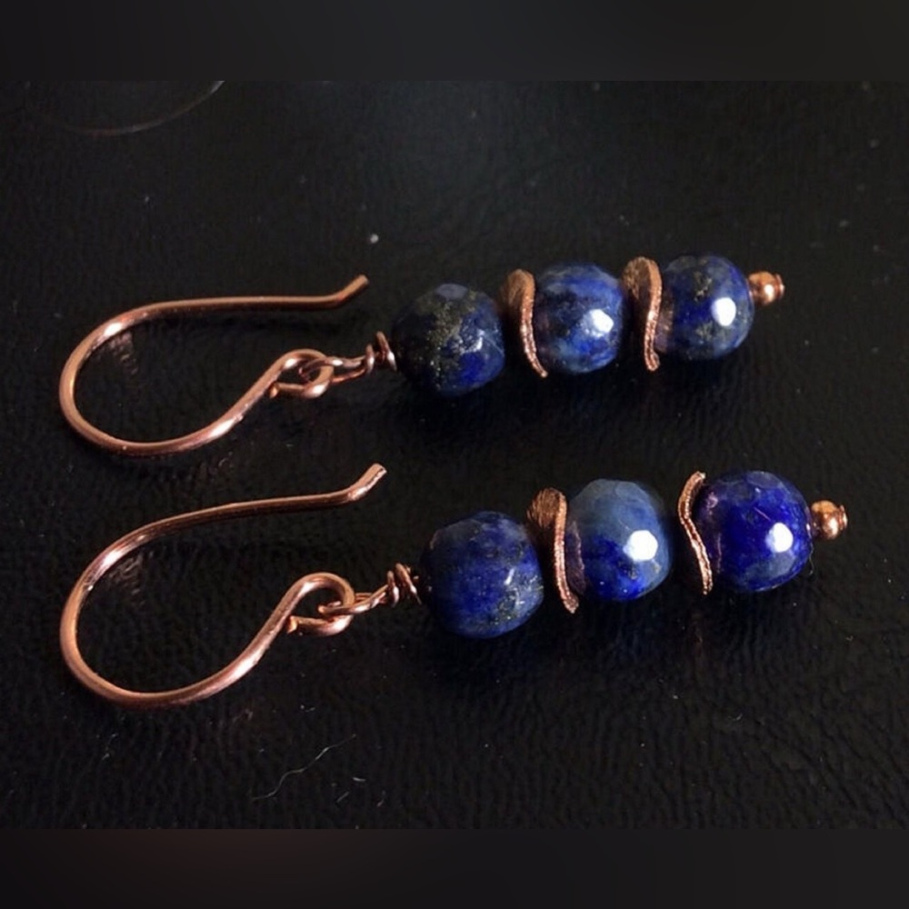 Lapis Lazuli & Copper Earrings Faceted Natural Blue Gemstone Artisan Dangles